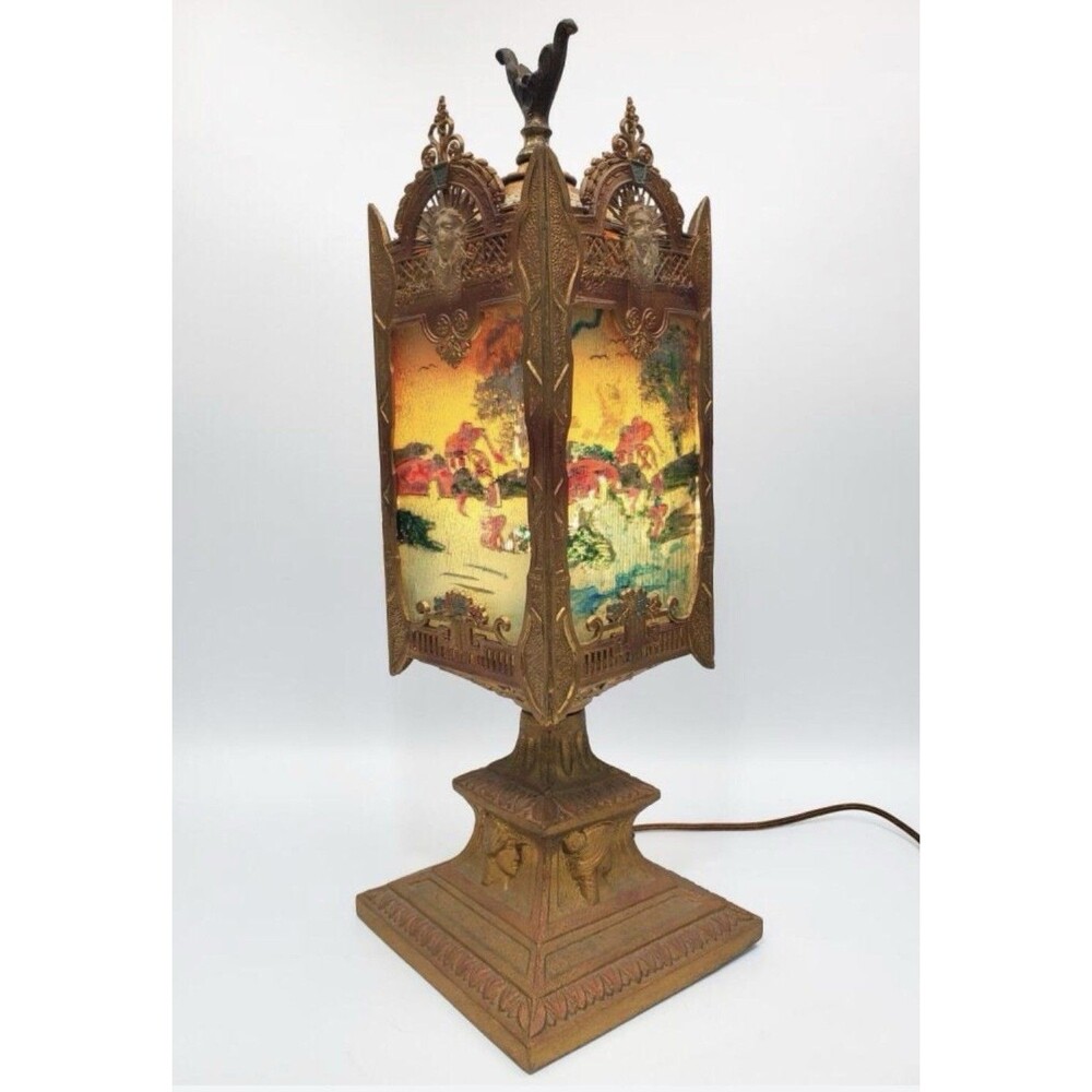Antique Le-Mur Egyptian Revival Reverse Painted Ribbed Glass Table Lamp 18”